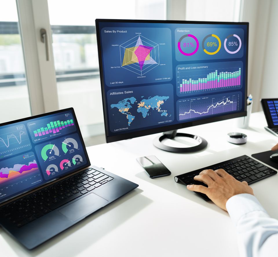 Icons representing cloud computing, software solutions, and IT support