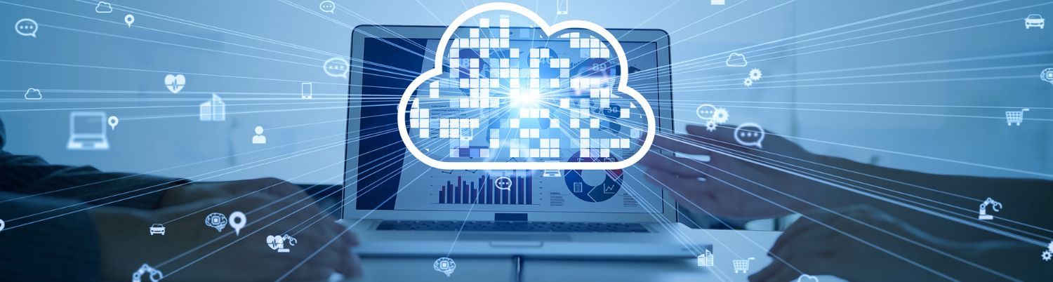 Icons representing cloud computing, software solutions, and IT support